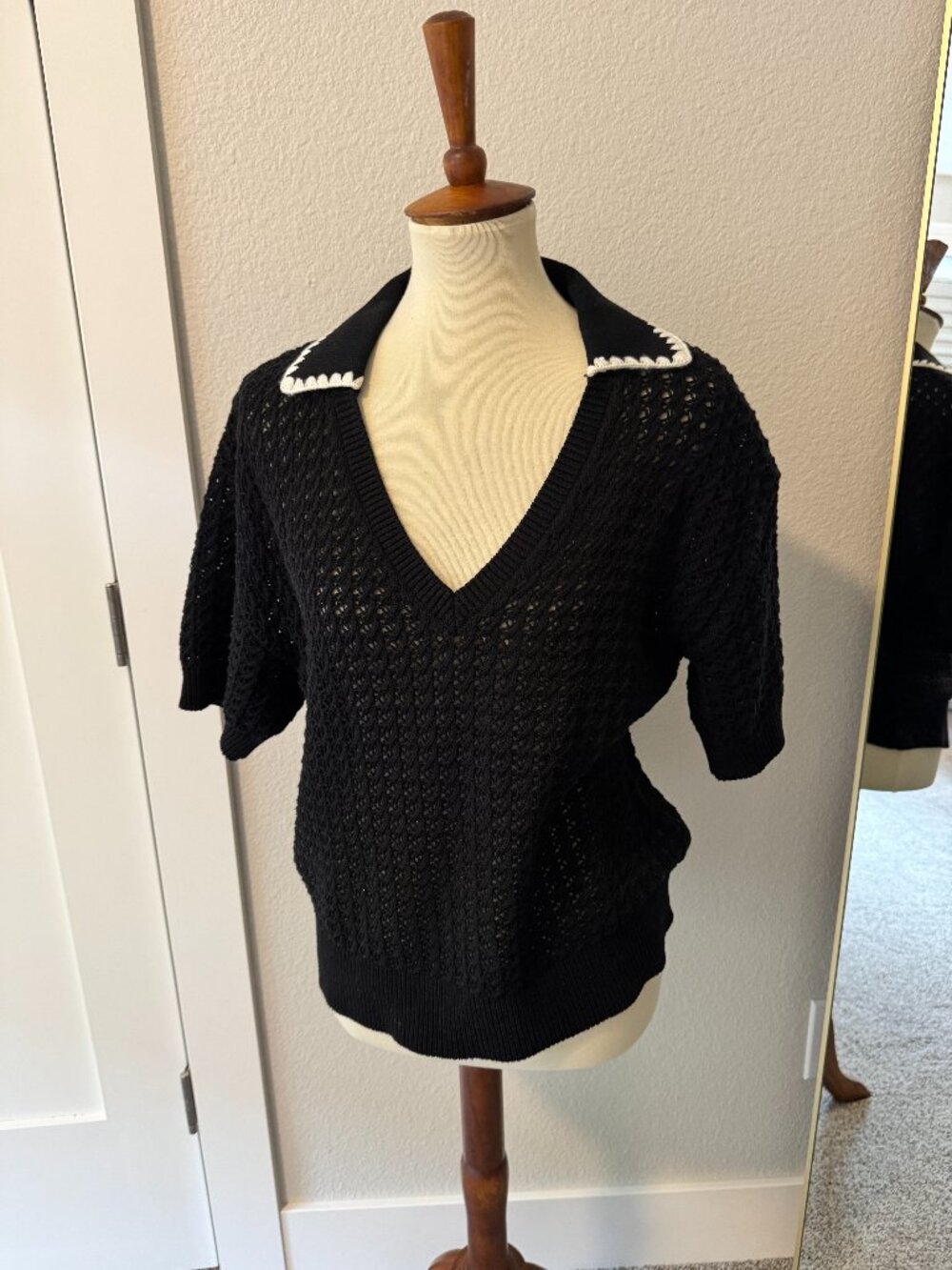 Varley Monte V-Neck Knit Polo Black White Open Knit 100% Cotton Size L